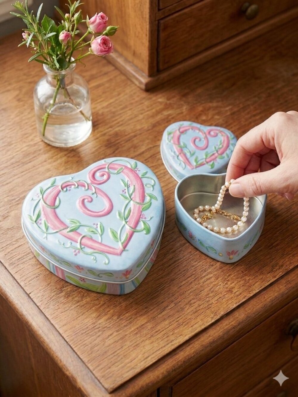 Brighton Heart Shaped Metal Tins Set Nested Keepsake Storage Pink Vines Embossed